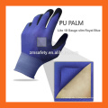 Gants en polyuréthane noir Ultra Lite de calibre 18, gants en PU fonctionnant en nylon bleu, gants de sécurité en forme de paume en PU